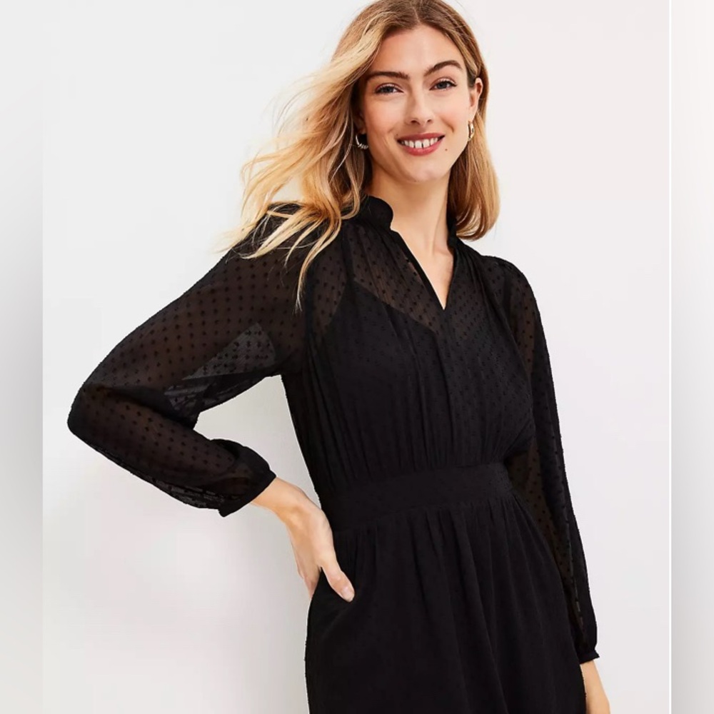 LOFT Tall Clip Godet Flare Dress Black Size 14T - Swiss Dot Texture EUC - Picture 8 of 11